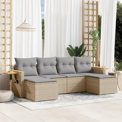 Owoxanthellate Salon de jardin en rotin beige 239 x 85 x 69 cm, 6 pièces, avec accoudoirs rabattables, table d'appoint, résistant aux intempéries, module, groupe de sièges pour balcon/terrasse