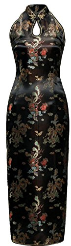 7Fairy Women's Black Backless Long Chinese Prom Dress Dragon Halter Size 8 US