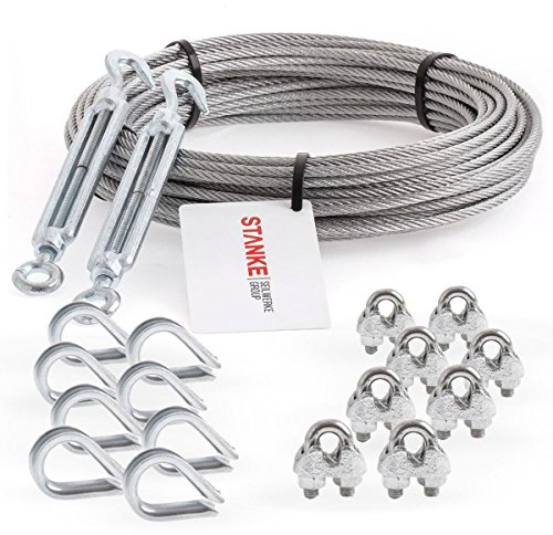Seilwerk STANKE Câble d’acier galvanisé 10m diamètre 4mm 6x7, 2x Tendeur M6 Œil-Crochet, 8x Cosse-Cœur, 8x Serre-câble à étrier - SET 5