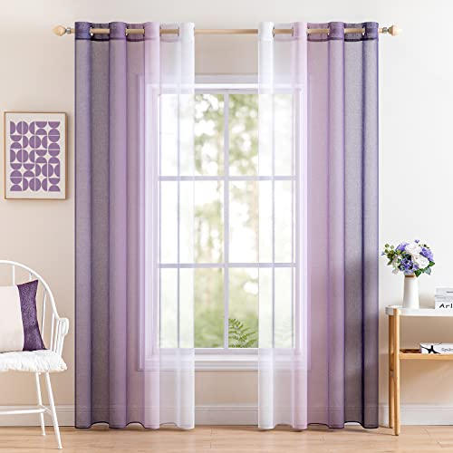 MIULEE 2er Set Voile Vorhang Zweifarbiger Vorhang mit Ösen Transparente Gardine Ösenschal Fensterschal Lichtdurchlässig für Schlafzimmer, 140x145cm, Lila