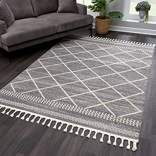 payé Teppich Wohnzimmer Kurzflor - Grau - 120x170cm - mit Fransen Deko Rautenmuster Boho Schlafzimmer Flur Dekoration Läufer - Skandinavische Teppiche