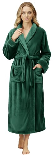 NY Threads Peignoir de bain long en polaire chaude à col châle pour femme, vert, Medium