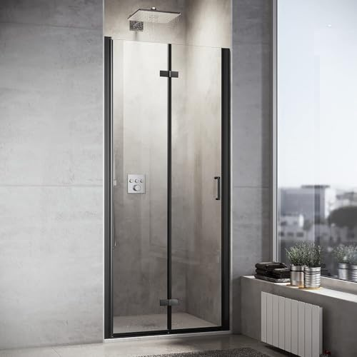 Sonni Mamparas de Ducha Frontales Negras Puerta Plegable 80x195 cm, Cristal ESG Templado de 6mm con Recubrimiento Nano