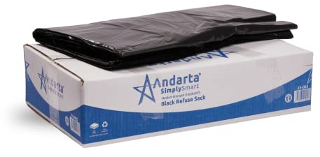 Andarta - Medium Duty Black Refuse Sacks - Bulk Box of 200 (90L Capacity) - Puncture Resistant and Odourless Black Bin Bags - Made from Recycled Materials - For Home Use and General Waste