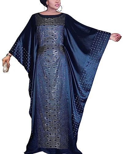 HD Vestidos africanos para Mujer, Vestido Largo de caftán con Diamantes de imitación, Navyblue-87 (con versión de cinturón Interior), Talla única