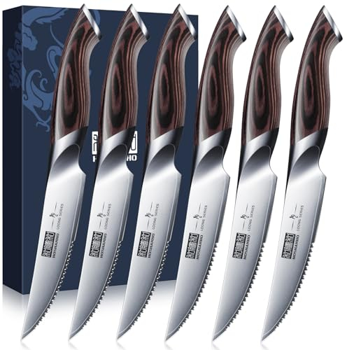 HOSHANHO Steak Knives Set of 6, Ultra Sharp 4.5 Inch Serrated Steak Knife Set, Japanese High Carbon Steel Kitchen Steak Knives with Ergonomic Handle