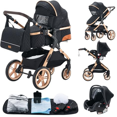 Passeggino 3 pezzi, carrozzina, passeggino 3 in 1, passeggino, sistema da viaggio, pieghevole, pneumatici in gomma, con accessori, Gondola, Adaptateurs, 25 kg (XX1 nero)…