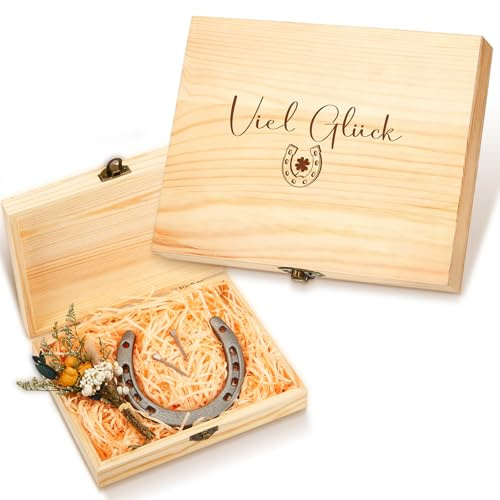 Hestya Hufeisen Glücksbringer Richtfest Geschenk Geburtstag Prüfung Glückshufeisen mit Viel Glück Holzkiste Hufeisen Deko Geschenk zum Einzug Hochzeit Einweihungsgeschenk Geschäftseröffnung