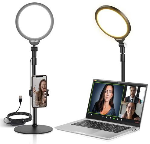 NEEWER Basic 7 Kit Luz Selfie Teléfono Escritorio, 10W 3000k-6500K Luz Anillo Pantalla Completa Regulable con Soporte y Soporte Teléfono para Videoconferencia,Selfie,Vlog,Maquillaje,Transmisión, R06