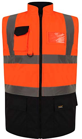 NEO Hi Vis Body Warmer, Fleece Lined Reversible Gillet Jacket High Visibility Waterproof Workwear Safety Security Sleeveless Vest Warm Waistcoat Bodywarmers Plus Size (Orange/Navy-L)