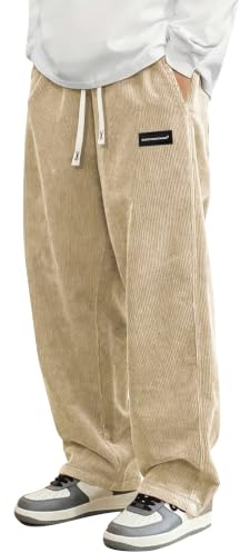 Hidkat Pantalon décontracté en velours côtelé pour homme, coupe ample, jambe large, pantalon de survêtement droit, taille élastique, cordon de serrage