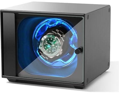 Cevale Single Watch Winder for Automatic Watches,Ultra-Quiet Japanese Motor,Premium Anodized Aluminum Watch Shaker with Soft Blue Light & Tempered Glass,Luxury Watch Case Gift for Men,Fits Rolex,Omega