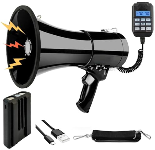 Kensbro Mégaphone Transportable 100 W, Portée Maximale 2000 m, Mégaphone avec Sirène et Microphone, Fonctions Enregistrement et Bluetooth, 2 Méthodes d'alimentation