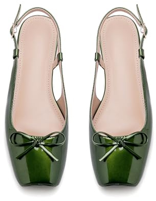 Green Ballet Flats 1 Inch Low Block Heel Slingback Comfortable Ballerina Flat Bow Dressy Flats Shoes for Women Satin 8