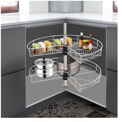 KigerNee Organizador de armario de esquina giratorio 270°, organizador extensible para armario de persianas, 2 niveles, bandeja oscilante de altura ajustable, cierre suave, organizador de cocina para