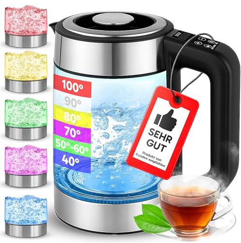 Retoo Elektrischer Glas Wasserkocher 1,7L, 2200W Schnellkochfunktion, Temperaturwahl 40–100°C, LED-Beleuchtung, Warmhaltefunktion, BPA-frei, 360°-Basis, Sicher & Leise
