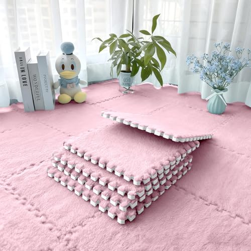 Lot de 12 tapis en mousse en peluche - 30 x 30 cm - Tapis de jeu puzzle - Tapis de sol emboîtable en EVA - Pour salon, chambre à coucher, chambre d'enfant - Rose clair