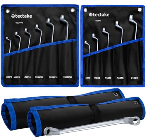 tectake® Doppelringschlüssel Satz 11-teilig, Schraubenschlüssel 8-22 mm, 1/4-3/4, Werkzeuge gekröpft, 12-Kant-Profil, Werkzeug Set formstabil, korrosionsbeständig, Ringschlüssel Set, mit 2 Taschen