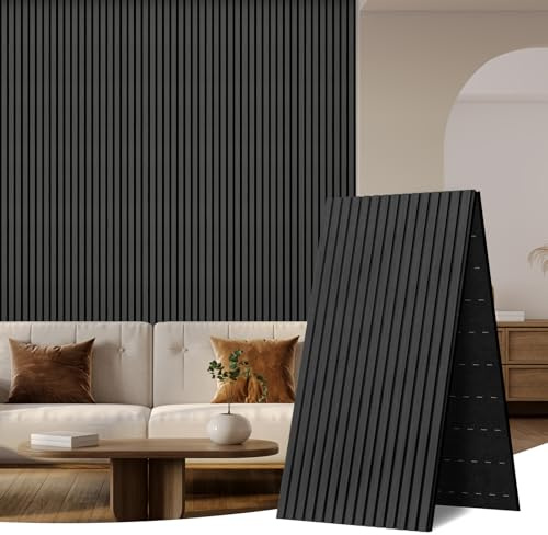 AKK-ART 5 Pack Acoustic Wall Panels 2400x600mm-7.2m² Folding Wooden Slat Wood Wall Panels,Decorative & Sound Absorbing Wood Acoustic Panels for Home Living Room Bedroom Coal-black