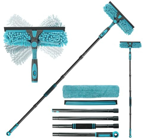 Buysenton Professional 2-in-1 Window Squeegee Cleaner Tool with 62 Extension Pole, Rotatable Bendable Head & Scrubber, Car Glass Cleaning Kit for Windows, Shower, Gas Station - 1 Blade 2 Scrubber