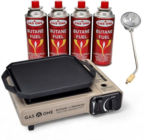 GasOne Propane or Butane Gas Stove with Flat Top Griddle Included – Dual Fuel Propane Grill Tent Stove Burners for Cooking for Camping, Kitchen – Diecast Aluminum with Non Stick Coating Stove + 4 Fuel