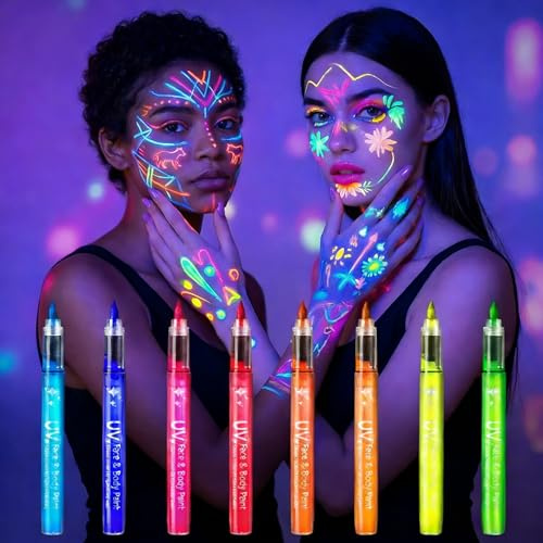 Satiskid 8-Color UV Neon Face Paint Pens, Glow Body Painting Markers & UV Body Markers, 8 Pack Washable Tattoo Face Paint Pens Kit for Easter Festival Party Makeup
