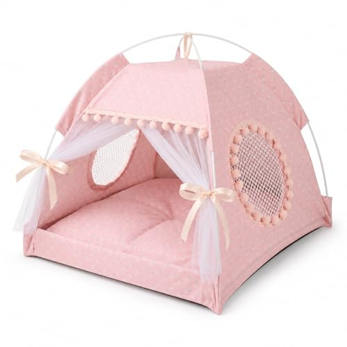 KINDLUME Tente pour Chien, Tente pour Chat, Tipi pour Chat, Dentelle Rose Élégante, Lit Pliable avec Fenêtre en Maille Et Balle en Peluche, Abri Confortable, pour Salon, Chambre