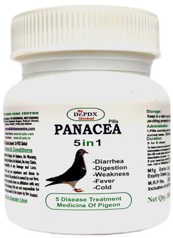 Panacea Pills, traitement des maladies 5 en 1 pour pigeons, traitement de la diarrhée verte, diarrhée aqueuse, bloc de cultures, vomissements, perte de poids (100.Comprimés)