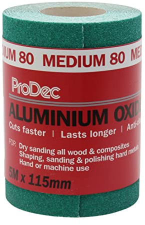 ProDec Rouleau de 5 m de papier abrasif verte, oxyde d’aluminium, grain 80 moyen pour poncer bois, peinture, joints, métal et plus, papier abrasif compatible avec les ponceuses électriques