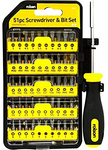 Rolson 51 pc Screwdriver & Bit Set (Chrome Vanadium Steel, Square, Hex, Pozidriv, Tri-winged, Stainless Steel Tweezers)