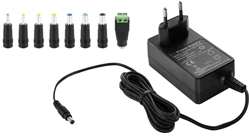 Poppstar AC DC universal laddare, nätdel 12V 3A (3000mA, 5,5/2,5mm) nätadapter med 8 ihåliga kontakter, 150 cm