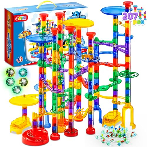 JOYIN 207-teiliges Kugelbahn-Premium-Spielzeug-Set, Bausteine, Spielzeug, Lernbaustein-Spielzeug (147 Kunststoffteile + 60 Glasmurmeln)