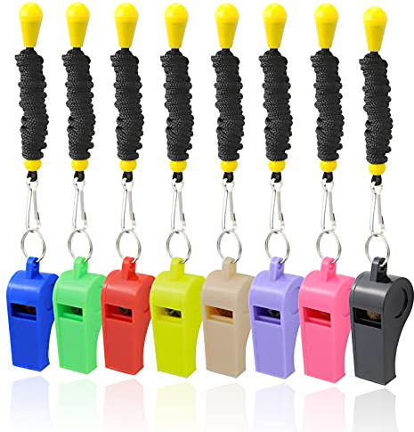 AMBITIONJUMP 8 Pack Colorful Plastic Whistles with Lanyards, Loud Crisp Sound Whistles for Coaches, Referees, Emergency Survival, Sports Events, Camping, and Pet Training