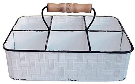 CVHOMEDECO. Rustic Distressed Metal Table Caddy, Bottles holder, Tabletop Organizer, Enamel Finish with Wood handle and 6 Compartments, White