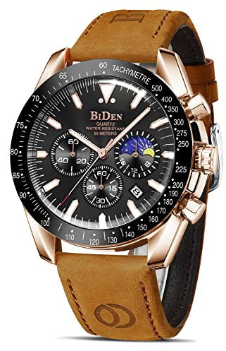 HANPOSH Reloj Hombre Cuarzo AnalóGico CronóGrafo Relojes Hombre Moda Lujo Negocios De Cuero Genuino Fecha Luminosa A Prueba De Agua Fase Lunar Regalo Padre