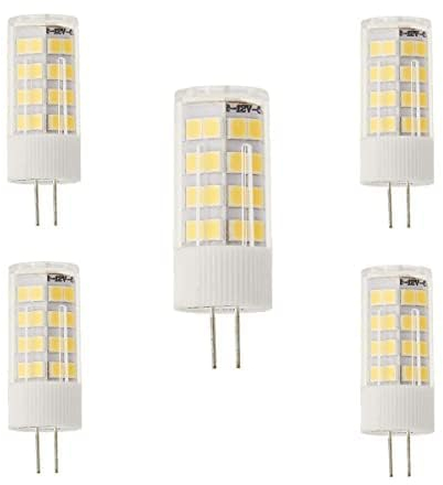 Jandei – Pack x 5 Bombillas LED 12V DC, G4 de 3W de potencia – Color Blanco Frío 6000K, 500 lúmenes, (Equivalente 25W Halógeno), 12mm Ø, 46mm largo total con pines, Protección IP20