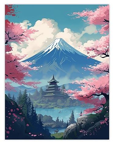 Artery8 Japanese Temple on Mount Fuji Lake Painting Green Blue Pink Cherry Blossom Trees Blooming in Tranquil Forest Landscape Unframed Wall Art Print Poster Home Decor Premium