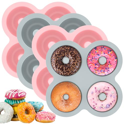 Eummy 4PCS Silicone Doughnut Mould 4-Cavity Donut Moulds for Baking Nonstick Round Doughnut Pan Heat Resistant Silicone Baking Moulds for Donuts, Macarons, Jelly, Cakes Soap 17x17x3.2cm