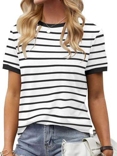 Fisoew Dam randig t-shirt rund hals kortärmad basic randig tee toppar