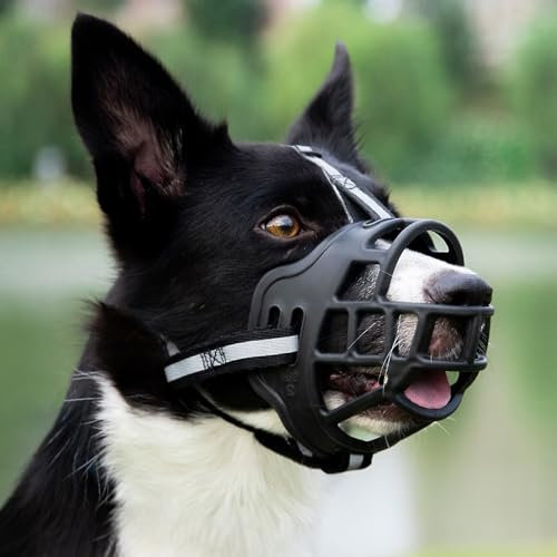 Surmounty Hundemaulkorb, 5 Größen, weiche Silikon-Maulkorb für Hunde, zur Verhinderung von Beißen und Bellen mit reflektierendem Streifen, Verstellbarer Maulkorb für das Hundetraining(size5)