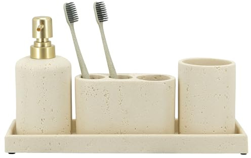 ZCCZ Juego de 4 Accesorios de baño Beige con Dispensador de jabón, Soporte para Cepillo de Dientes, Vaso de baño y Bandeja de tocador, Organizador Decorativo para encimera