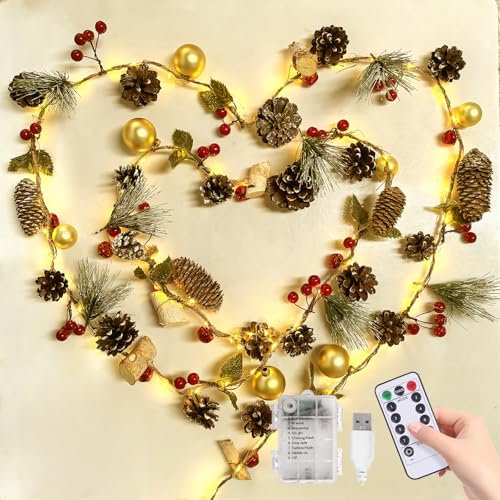 Christmas Garland With Lights 9.8FT 80 LED Wreath USB/Battery Fairy Lights With Timer Remote for Bedroom, Fireplace, Mantle, Wall, Tree, Table Xmas Decor
