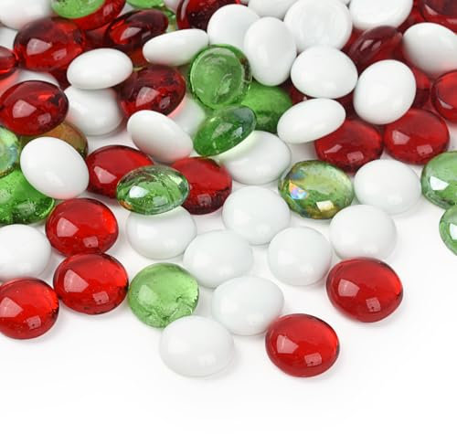 HUIANER Christmas Round Glass Pebbles 450g, Mixed Color Flat Stone Marbles Table Scatter Gems for Vase Filler Aquarium Decor Garden Decoration (100 Approx.)