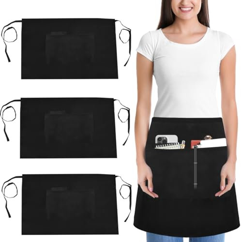 GZCZCC 3 Pz Grembiule da Cucina Nero, Grembiule Corto Unisex 86*55cm, Grembiule da Barbecue con 3 Tasche, Grembiule Lavoro Regolabile, Grembiule Barista, Vita Corta Grembiule per Bar, Caffè Ristorante