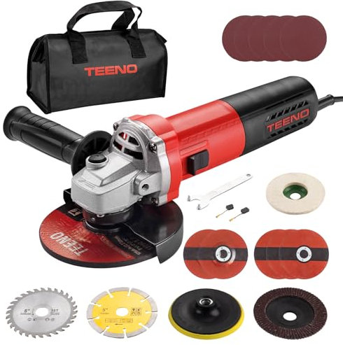 TEENO Meuleuse D'angle 125mm 1000W 2000-12000 trs/min Avec 20 Accessoires, Meuleuses D'angle Avec Sac à Main en Toile, Disqueuse 125 mm, Coupe et le Meulage, le Polissage, Métal, Bois,Céramique,Pierre