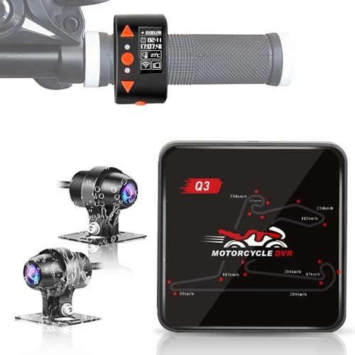 VSYSTO Motorcykel Dashkamera, 5G WiFi Hög Hastighet Videonedladdning, OLED Kabelkontroll, Vattentät Starlight Nattseende HD 1080P Fram och Bakamera, Temperaturvisning (Q3PRO)