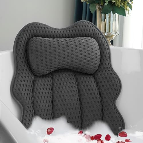 Joeyset Luxury Bathtub Pillow, 4D Air Mesh Fabric for Breathability & Quick-Drying, Extra Thick Spa Cushion for Head, Neck, Back Support, Non-Slip Tub Pillow with Strong Suction Cups (Gray)