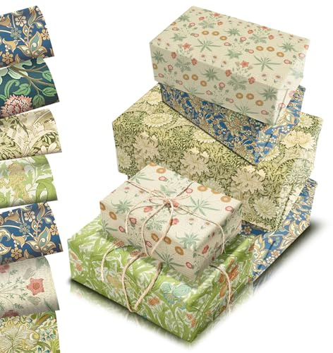 William Morris Wrapping Paper Sheets 68x50cm,12 Sheet Retro Floral Greenery Gift Wrapping Paper,Recyclable Vintage Green Vines Flowers Wrapper for Women Girls Birthday Party Gift Wrap Boxes Decoration