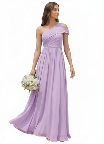 Ever-Pretty Abiti da Damigella Collo Asimmetrico Maniche Corte Chiffon Maxi Gonna Svasata Lilla Satinato 44