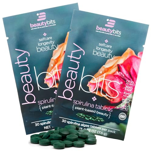 BEAUTYbits - Organic Spirulina Tablets - Algae Superfood - Collagen, Protein, Chlorophyll - Hair, Nails, & Skin Care - Vegan, Keto, Gluten Free - Self Care - Skincare Beauty Gifts - 2 Bags, 60 Tablets